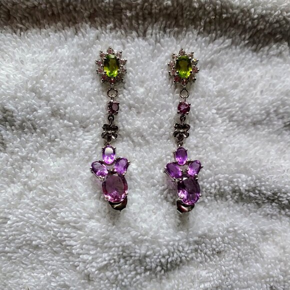 New Precious Gemstones Peridot Pink Topaz Amethyst 925 Sterling Silver 2" Drop - Picture 1 of 3